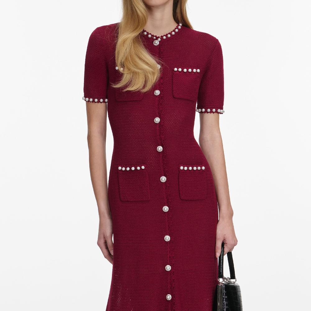 Self Portrait Burgundy Pearl Knit Midi Dress CLOTHING