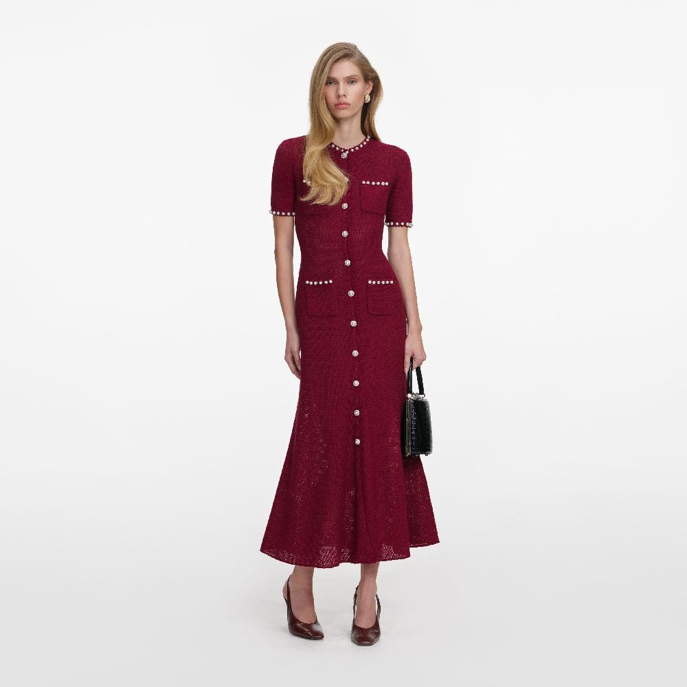 self portrait Burgundy Pearl Knit Midi Dress CLOTHING