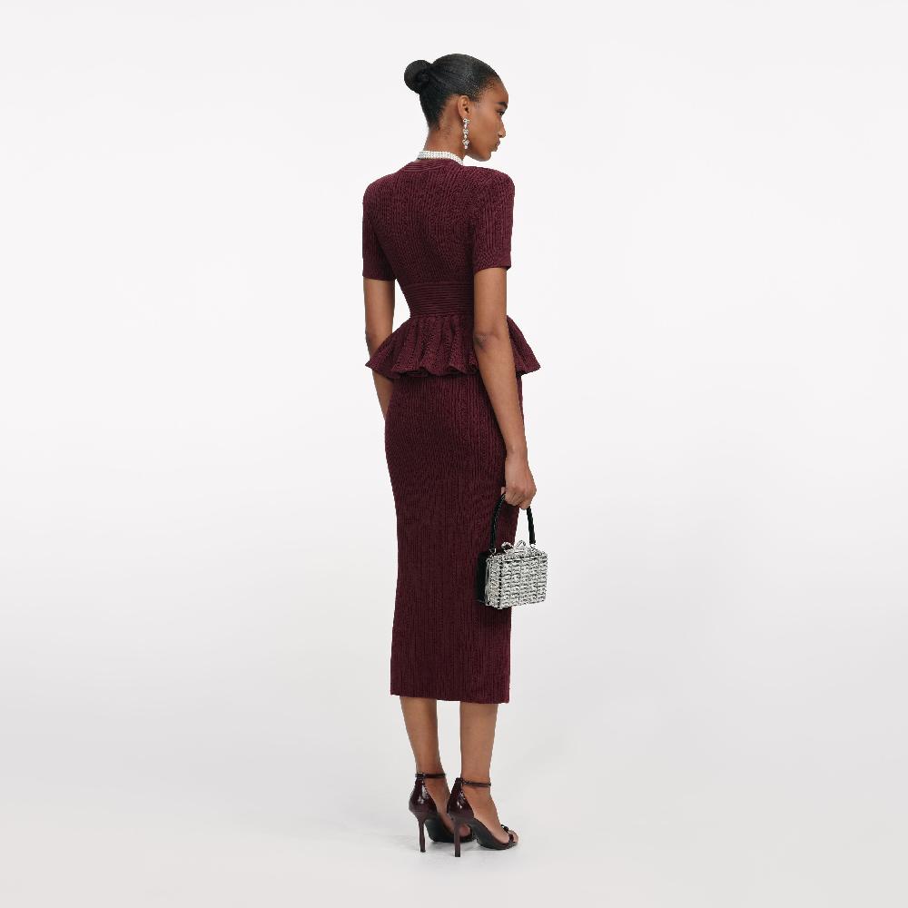 Self Portrait Burgundy Pointelle Knit Midi Dress CLOTHING