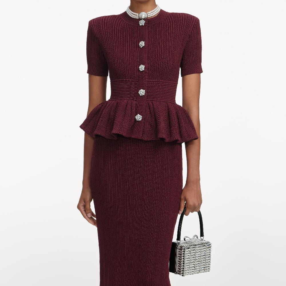 Self Portrait Burgundy Pointelle Knit Midi Dress CLOTHING