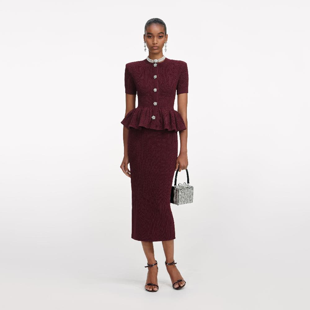 self portrait Burgundy Pointelle Knit Midi Dress CLOTHING