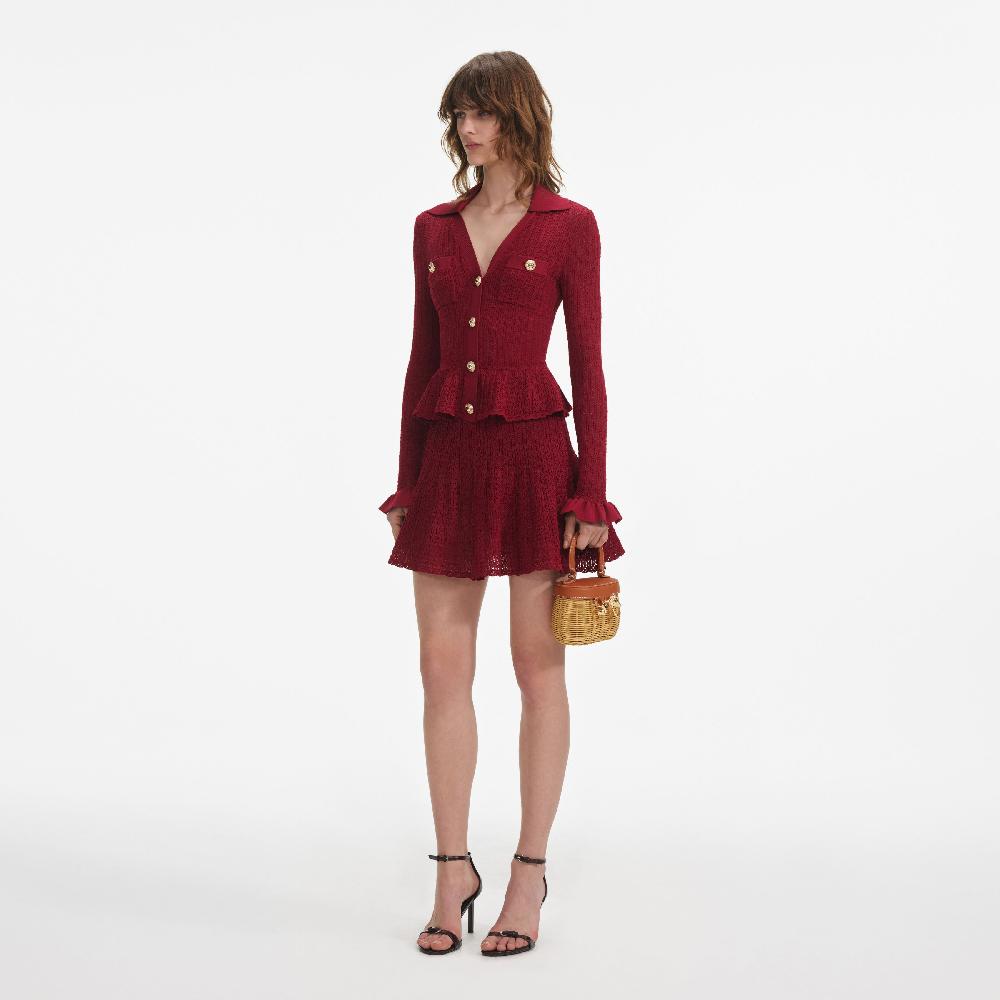Self Portrait Burgundy Pointelle Knit Mini Dress CLOTHING