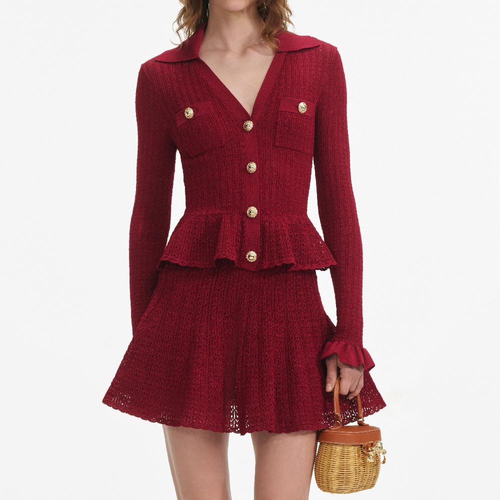 Self Portrait Burgundy Pointelle Knit Mini Dress CLOTHING
