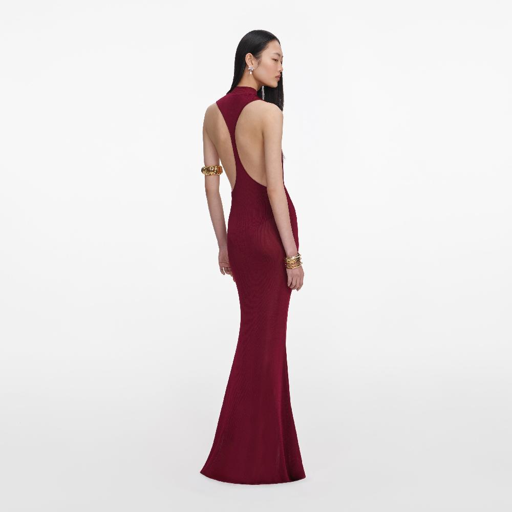 Self Portrait Burgundy Racer Back Viscose Knit Maxi Dress CLOTHING