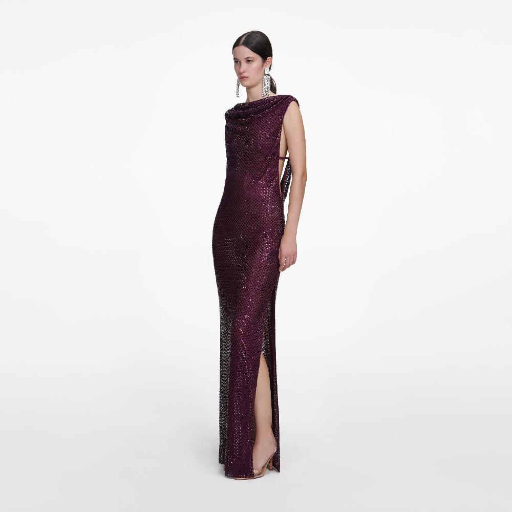 Self Portrait Burgundy Rhinestone Drape Maxi Dress CLOTHING