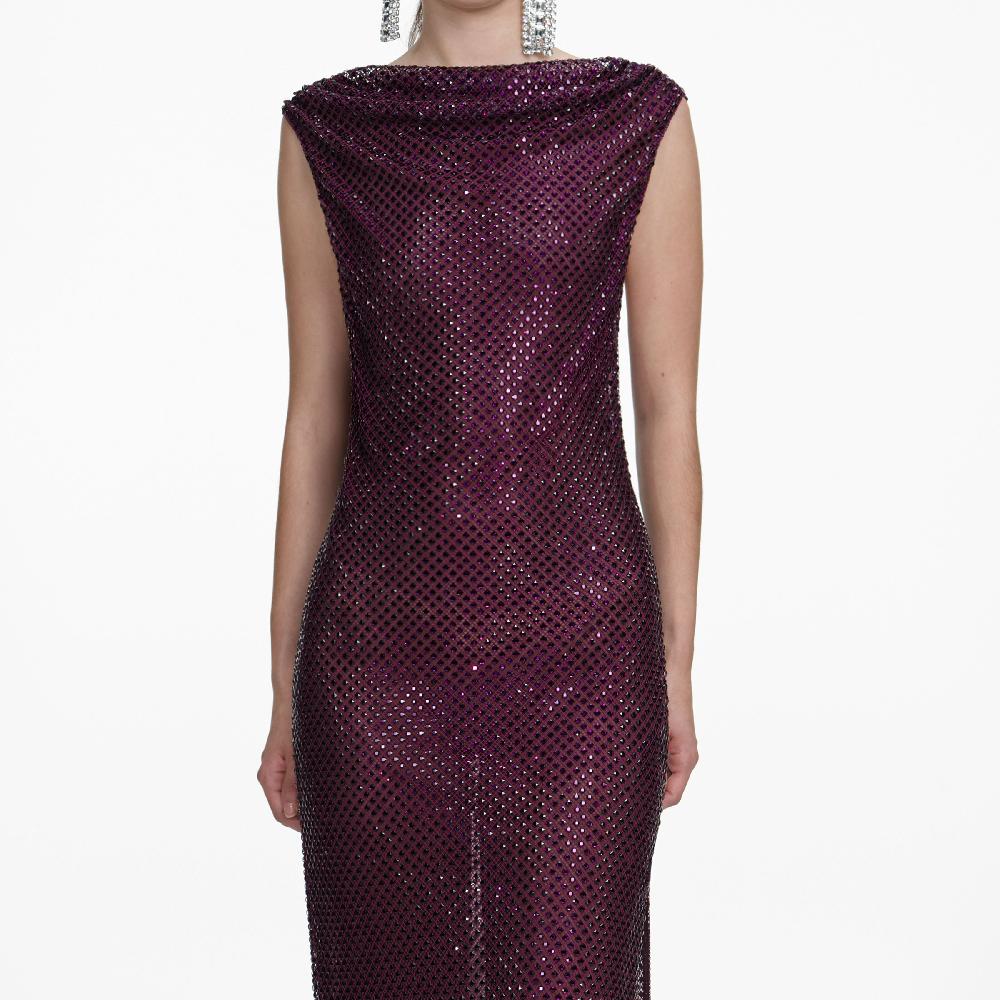 Self Portrait Burgundy Rhinestone Drape Maxi Dress CLOTHING