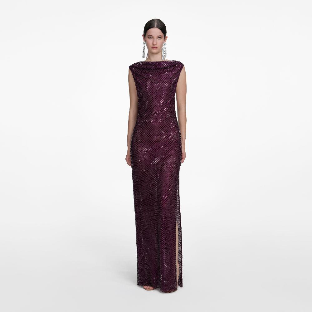 self portrait Burgundy Rhinestone Drape Maxi Dress CLOTHING