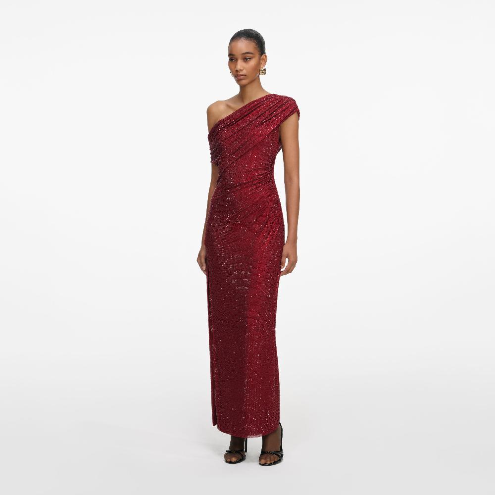 Self Portrait Burgundy Rhinestone Drape Midi Dress CLOTHING