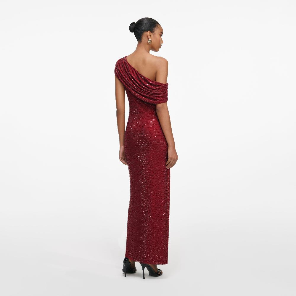 Self Portrait Burgundy Rhinestone Drape Midi Dress CLOTHING