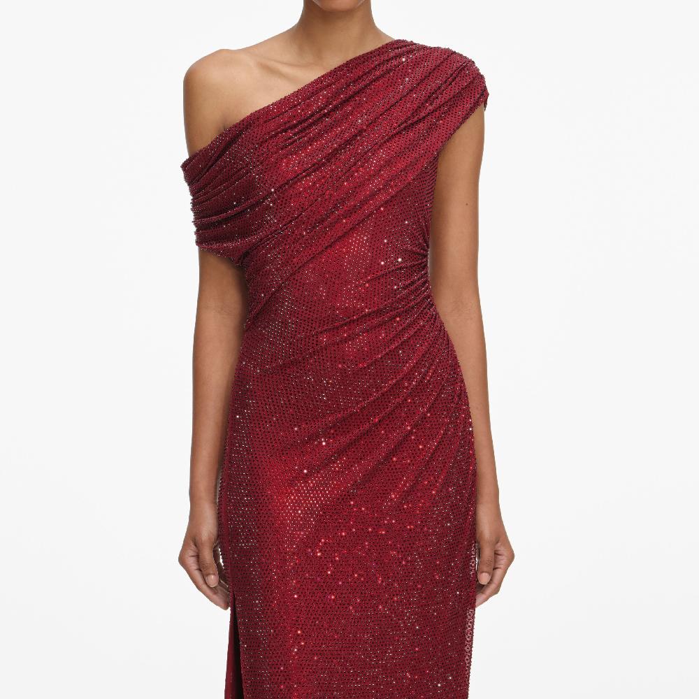 Self Portrait Burgundy Rhinestone Drape Midi Dress CLOTHING