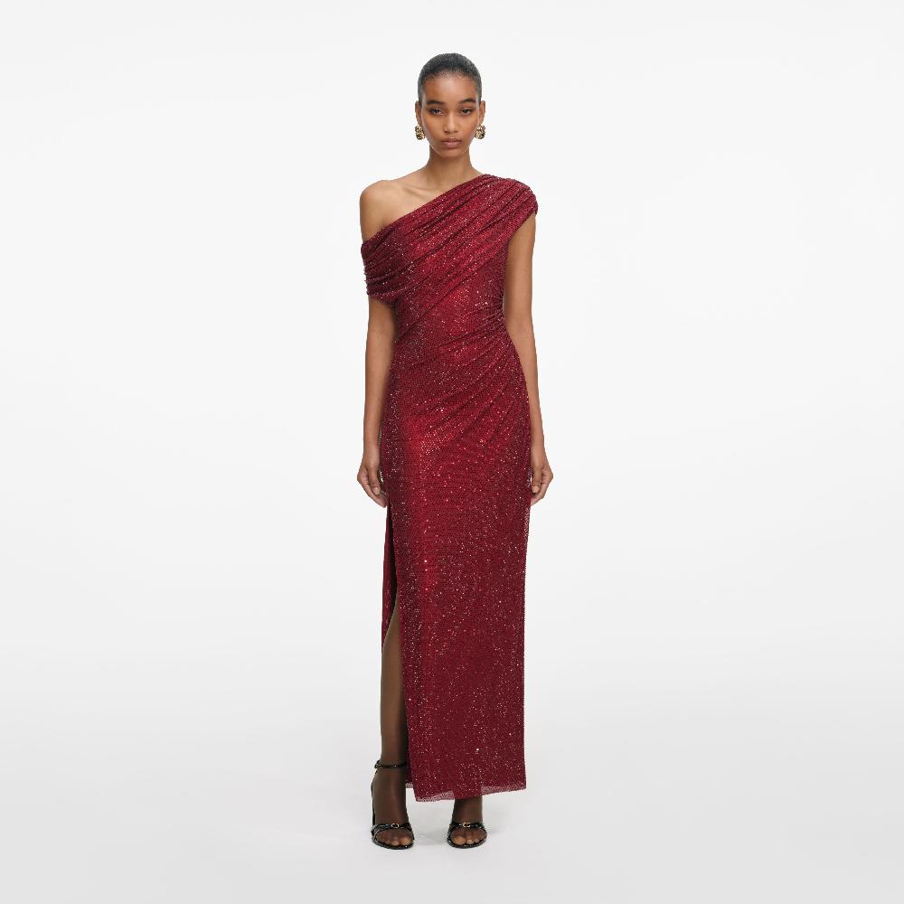 self portrait Burgundy Rhinestone Drape Midi Dress CLOTHING