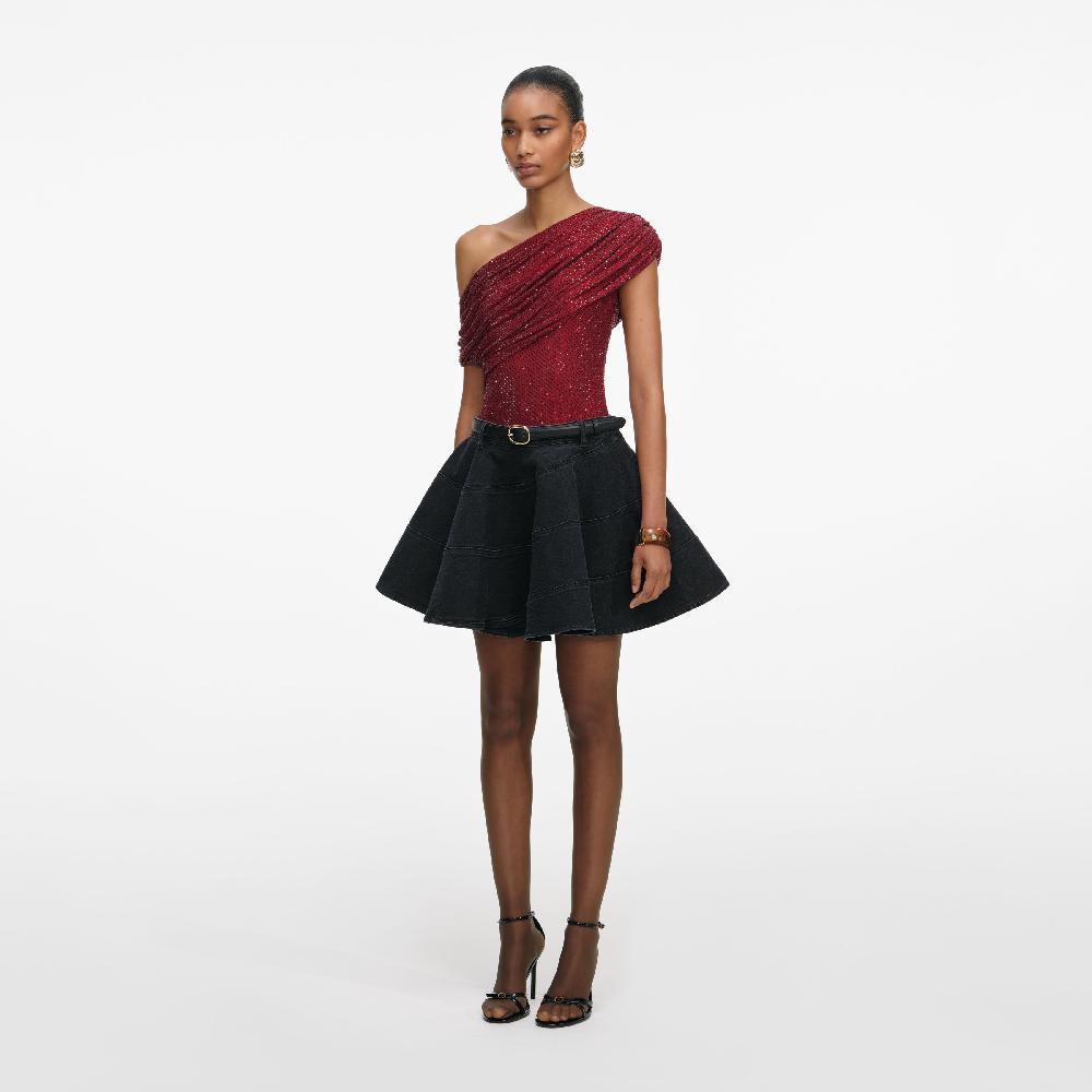 Self Portrait Burgundy Rhinestone Drape Top CLOTHING