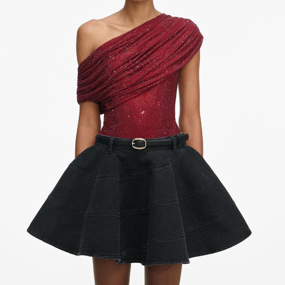 Self Portrait Burgundy Rhinestone Drape Top CLOTHING