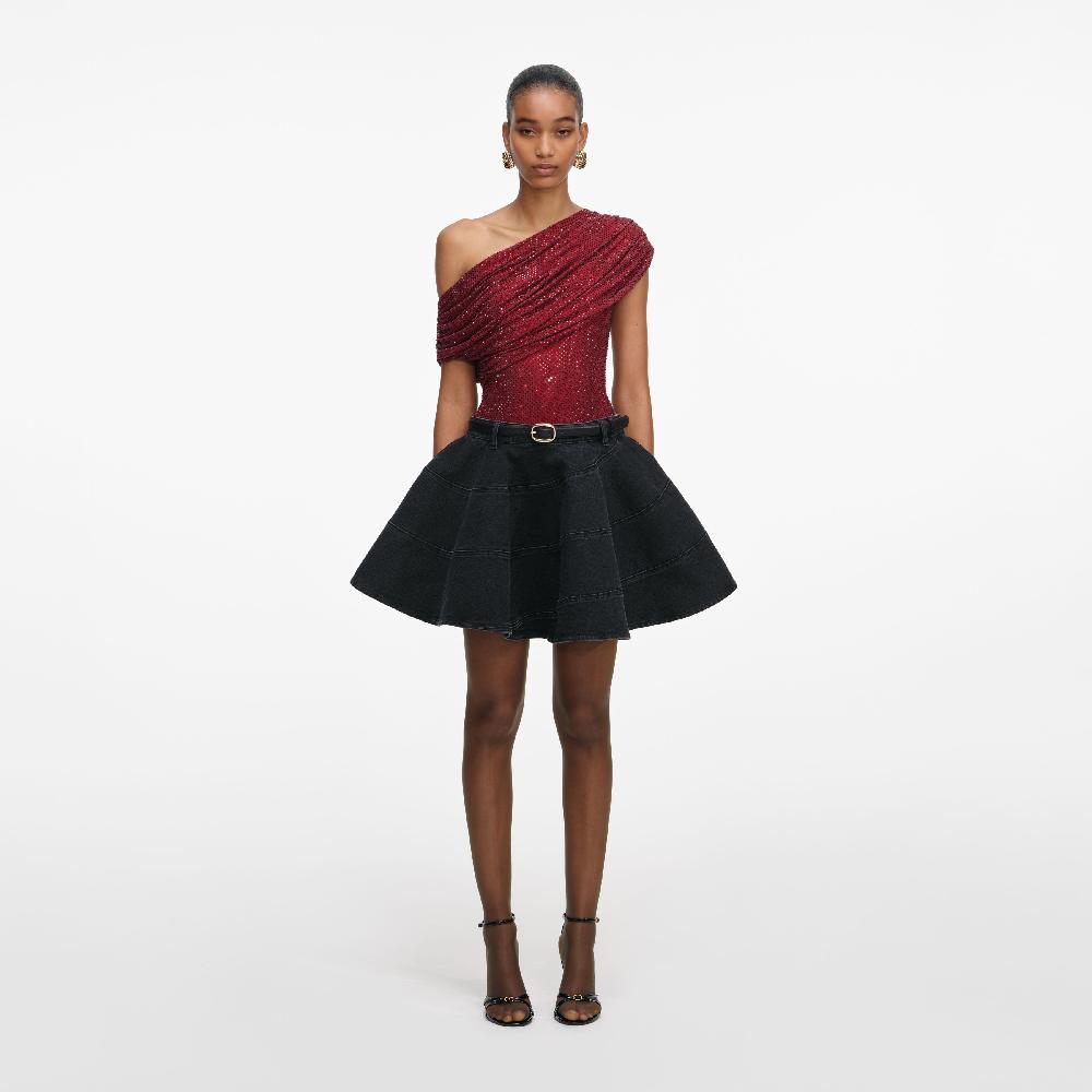 self portrait Burgundy Rhinestone Drape Top CLOTHING