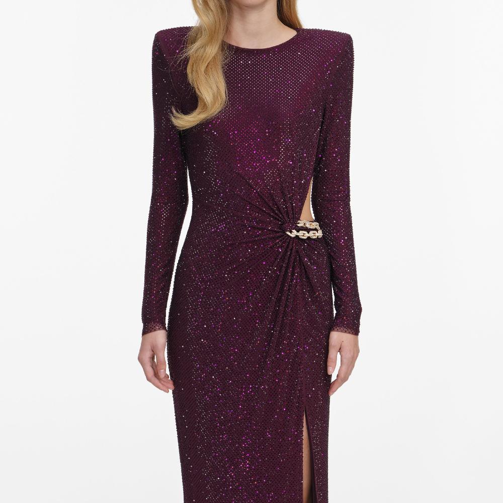 Self Portrait Burgundy Rhinestone Embellished Maxi Dress CLOTHING