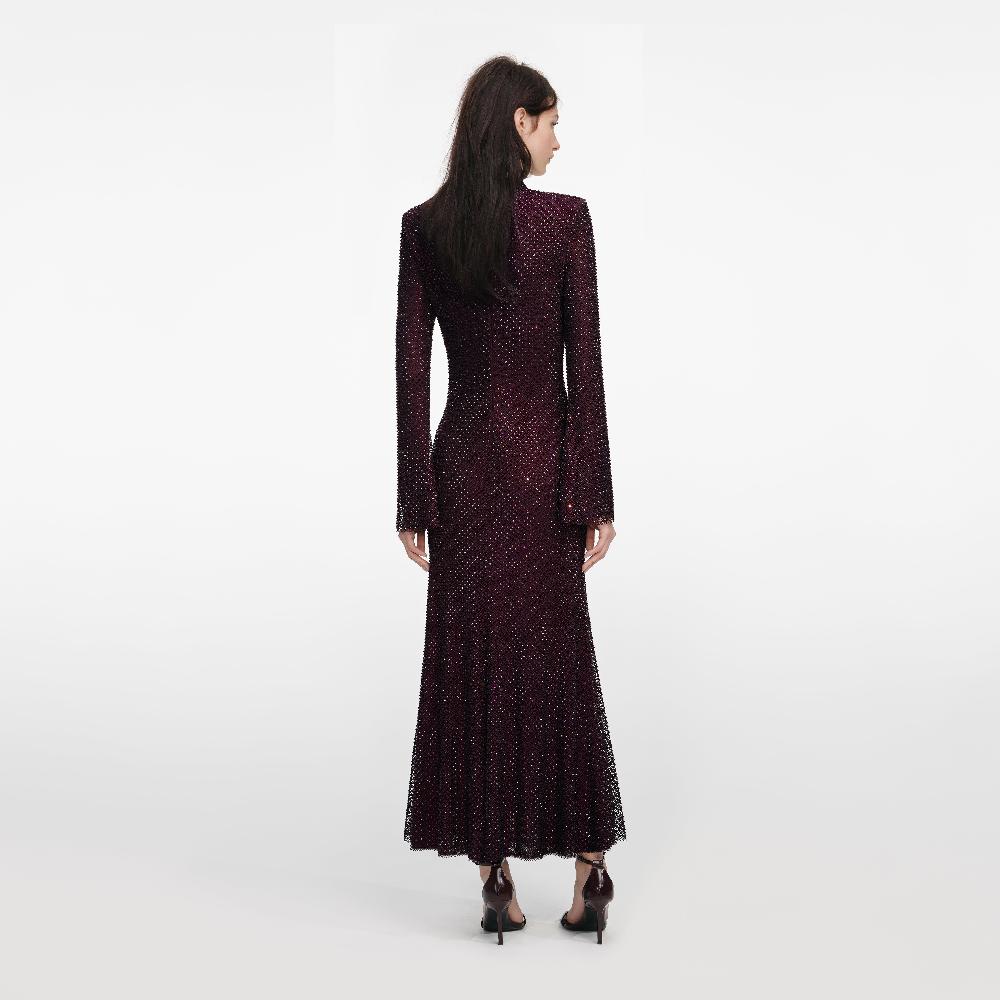 Self Portrait Burgundy Rhinestone Fishnet Midi Dress CLOTHING