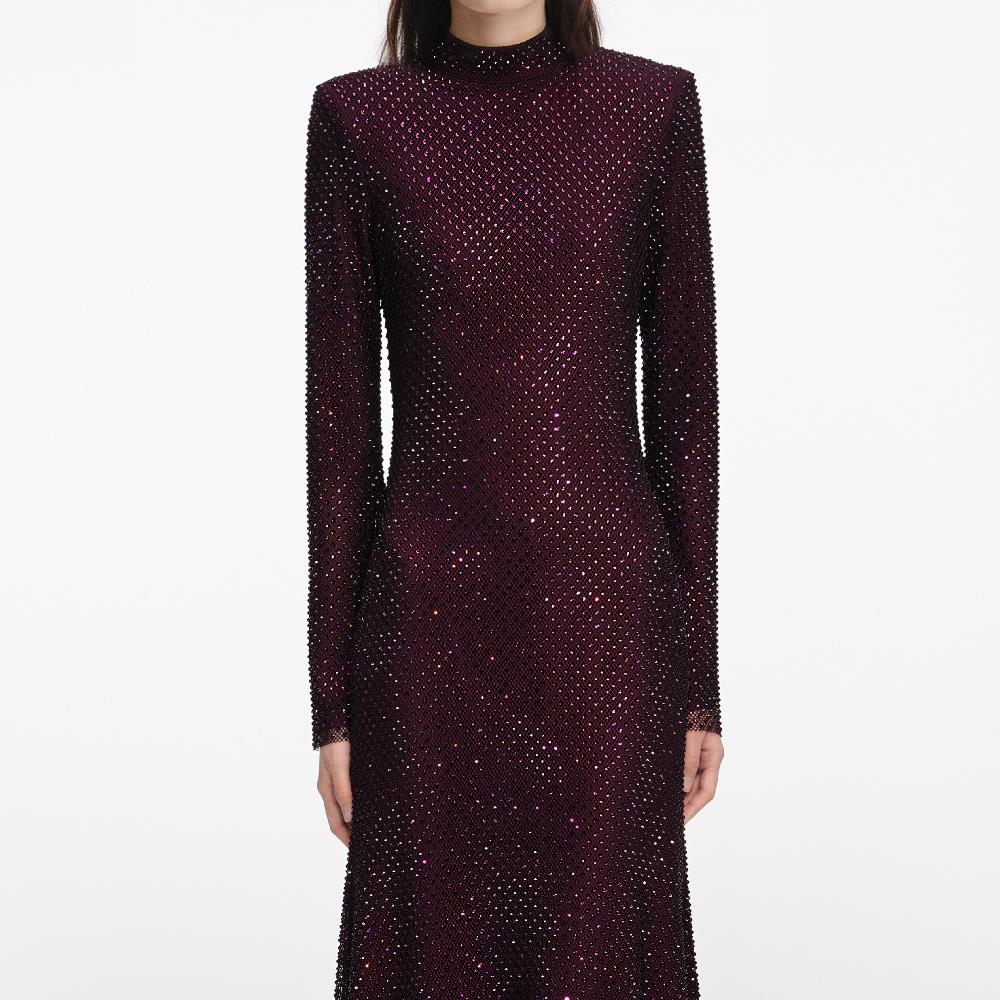 Self Portrait Burgundy Rhinestone Fishnet Midi Dress CLOTHING