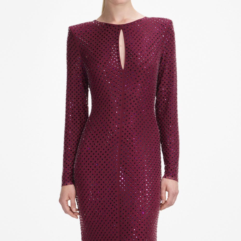 Self Portrait Burgundy Rhinestone Keyhole Maxi Dress CLOTHING