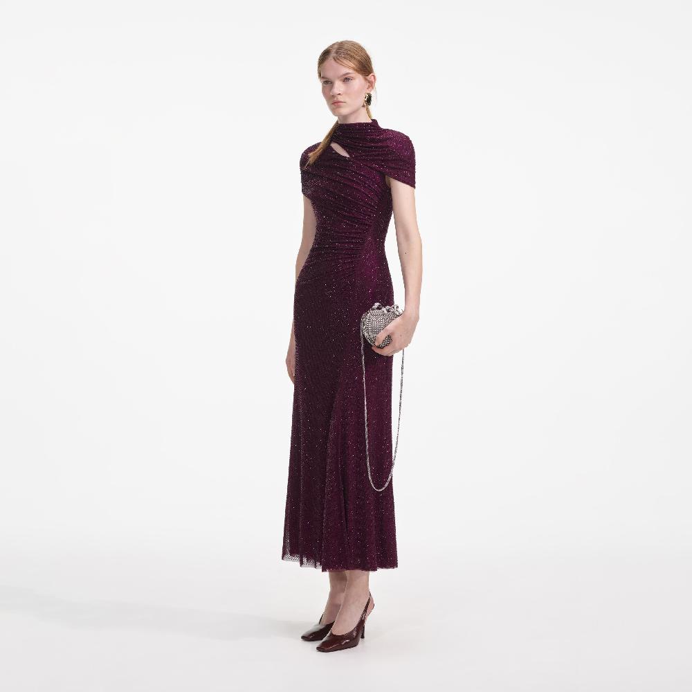 Self Portrait Burgundy Rhinestone Mesh Cut Out Midi Dress CLOTHING