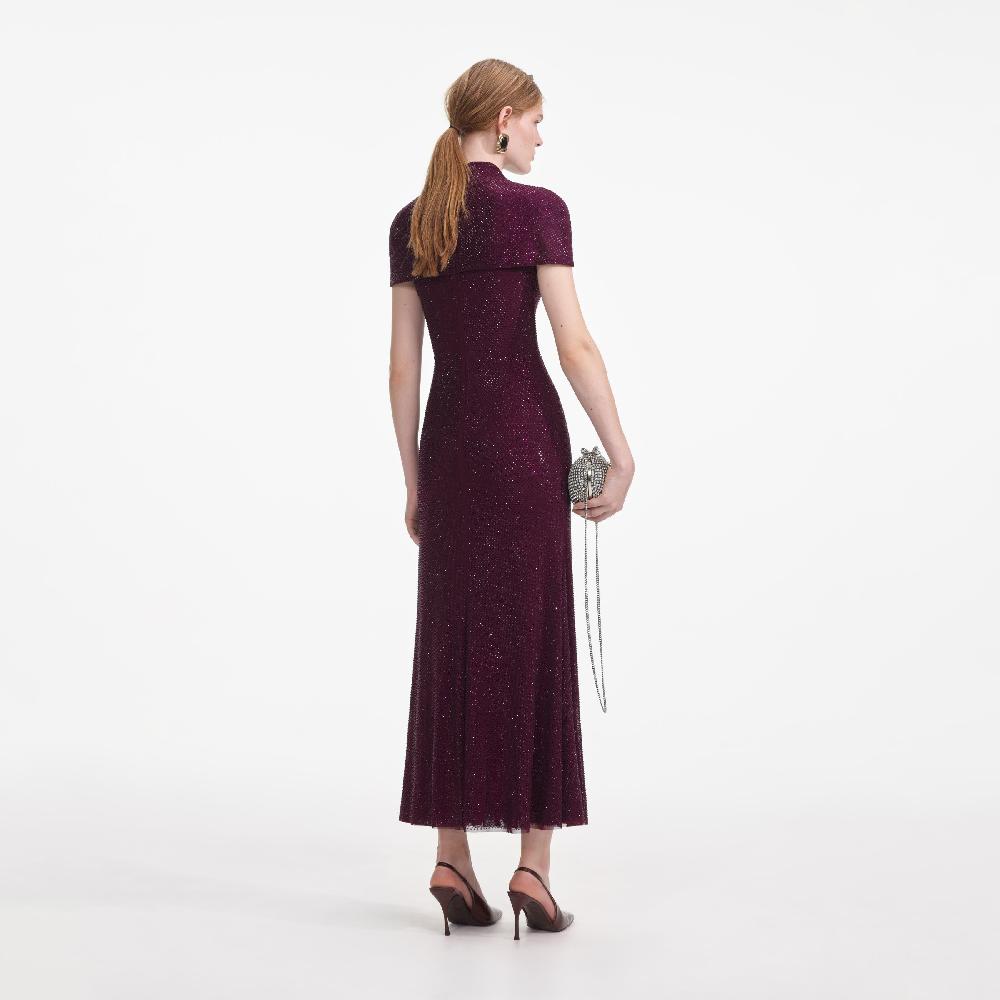 Self Portrait Burgundy Rhinestone Mesh Cut Out Midi Dress CLOTHING