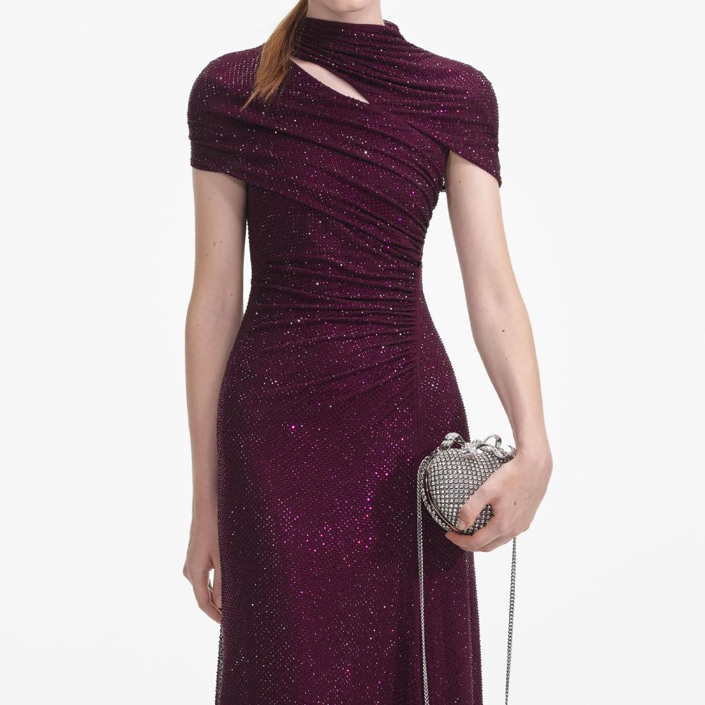 Self Portrait Burgundy Rhinestone Mesh Cut Out Midi Dress CLOTHING