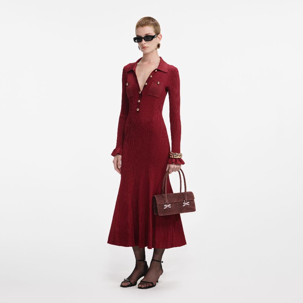 Self Portrait Burgundy Ribbed Knit Midi Dress CLOTHING