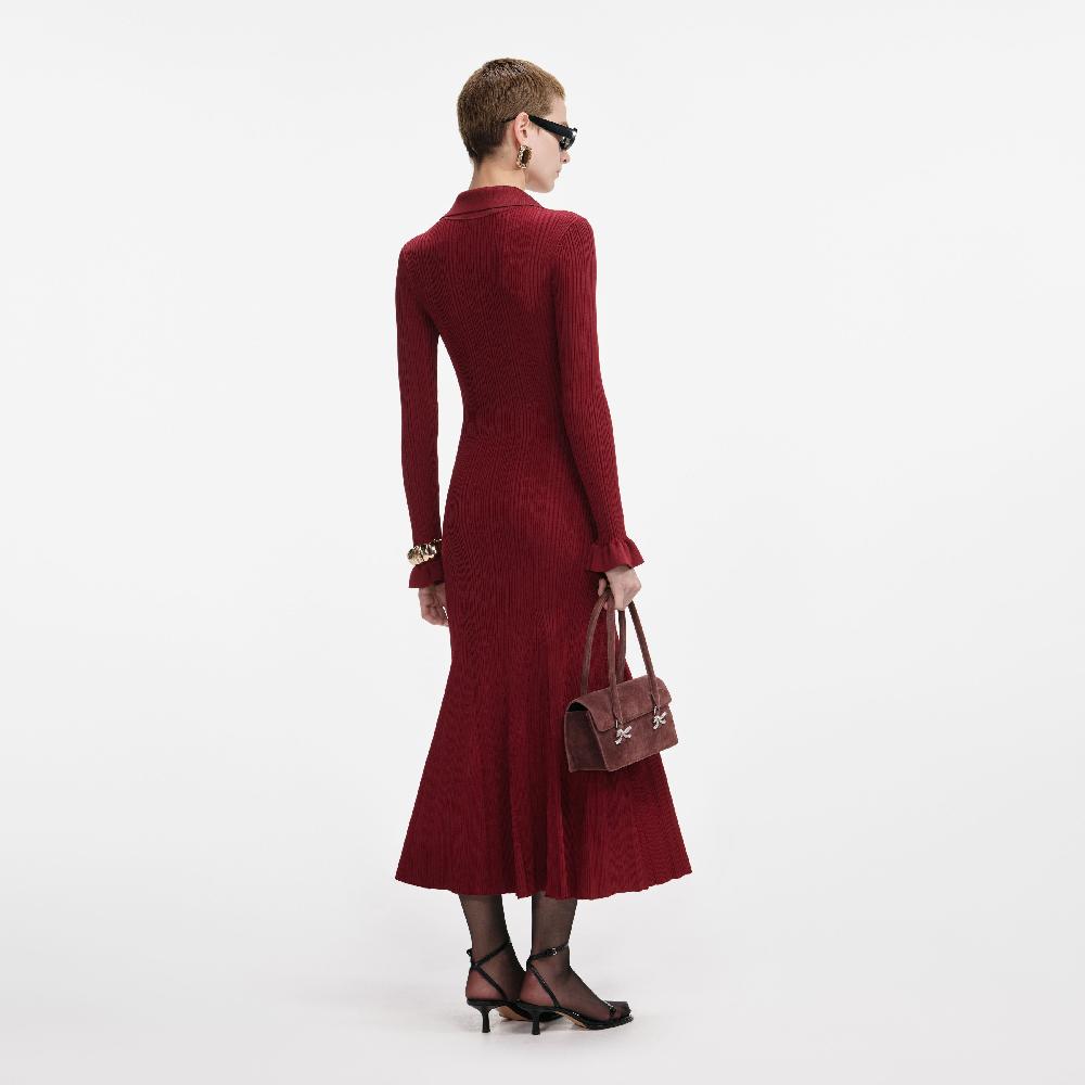 Self Portrait Burgundy Ribbed Knit Midi Dress CLOTHING
