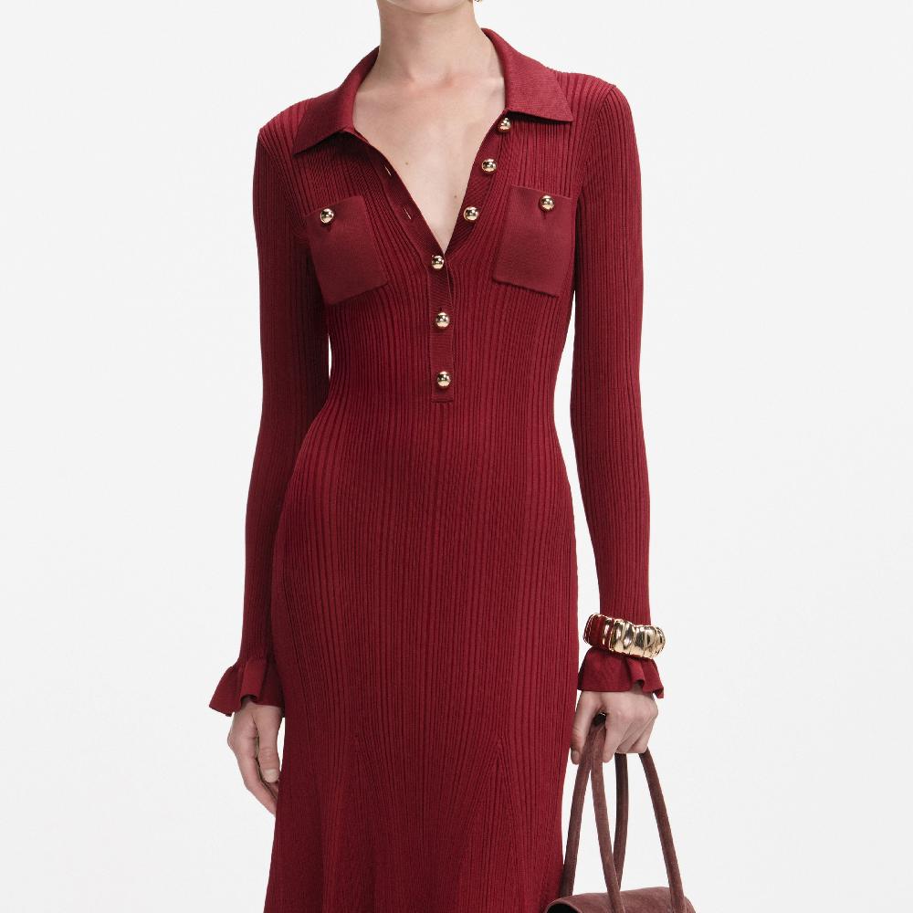 Self Portrait Burgundy Ribbed Knit Midi Dress CLOTHING
