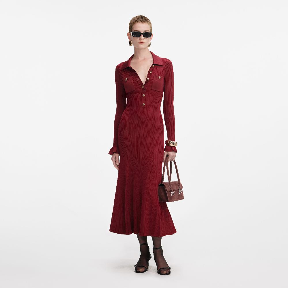 self portrait Burgundy Ribbed Knit Midi Dress CLOTHING
