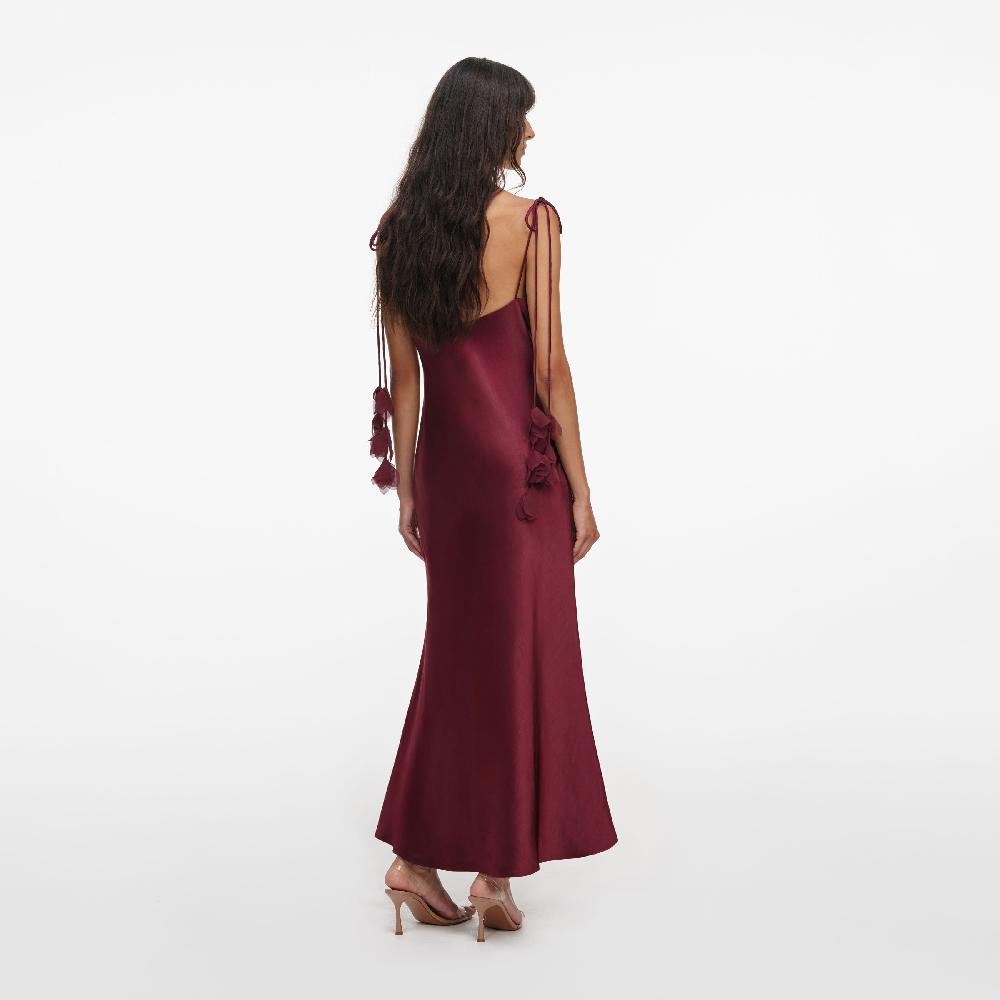 Self Portrait Burgundy Satin Flower Midi Dress CLOTHING
