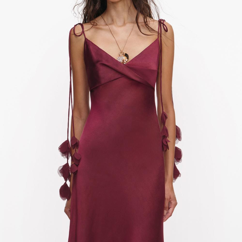 Self Portrait Burgundy Satin Flower Midi Dress CLOTHING