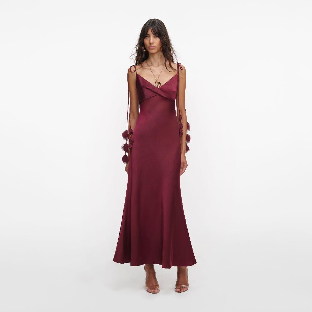 self portrait Burgundy Satin Flower Midi Dress CLOTHING