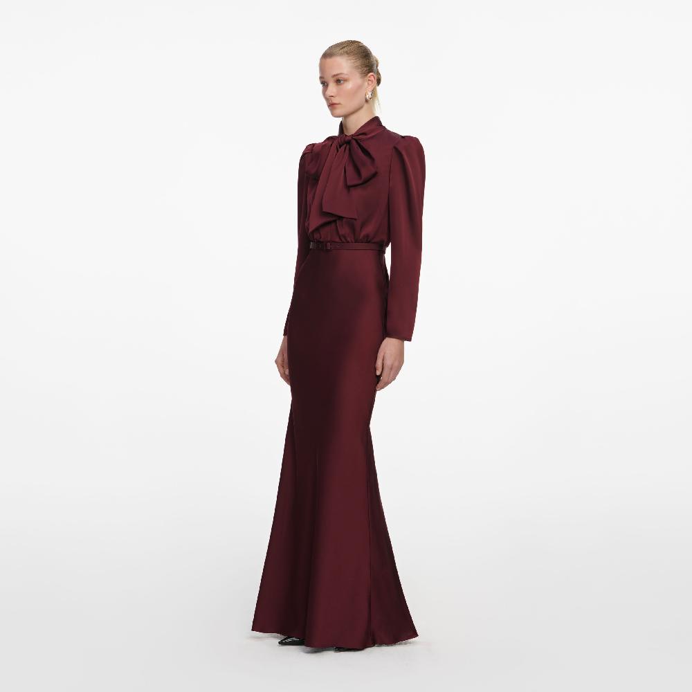 Self Portrait Burgundy Tie Neck Satin Maxi Dress CLOTHING