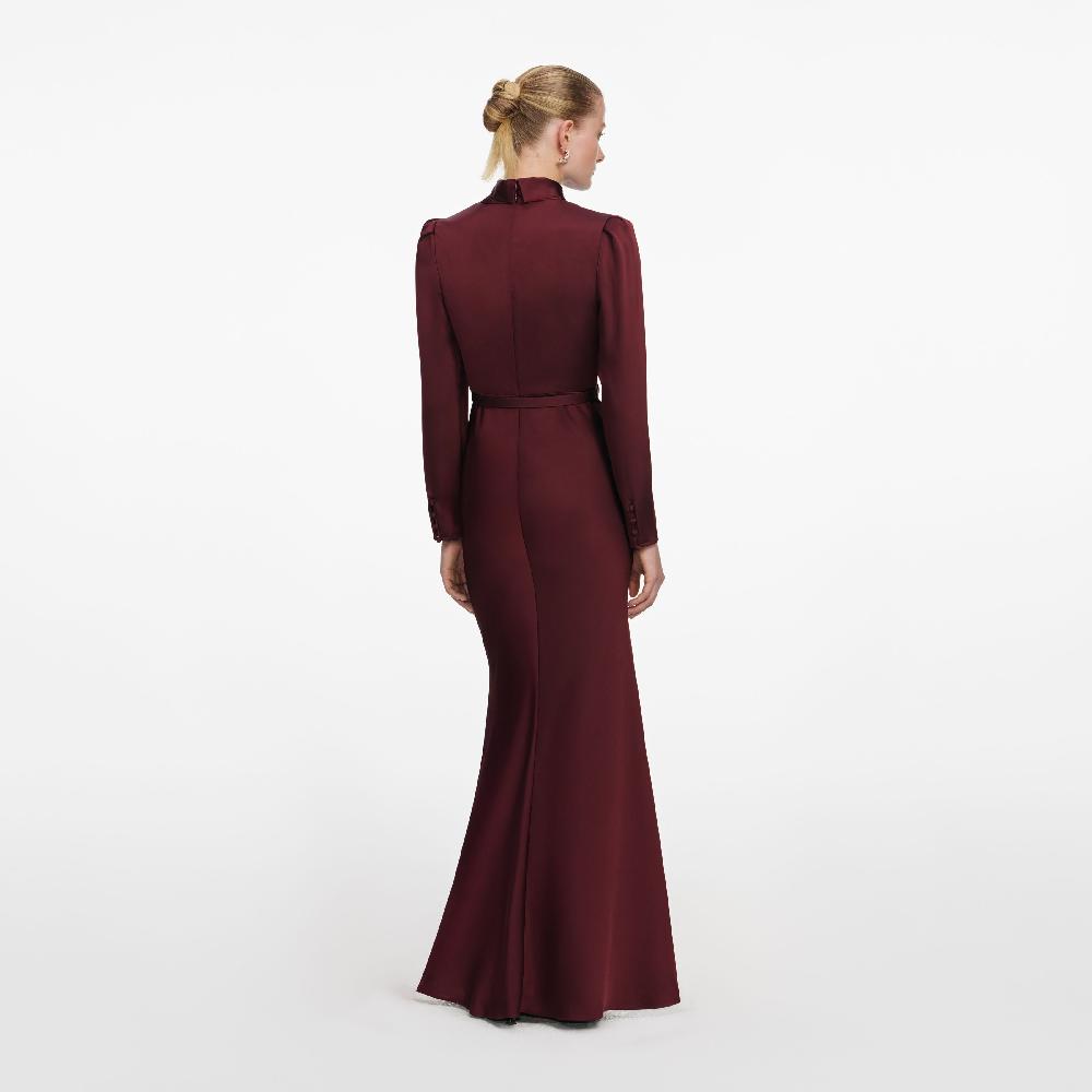 Self Portrait Burgundy Tie Neck Satin Maxi Dress CLOTHING