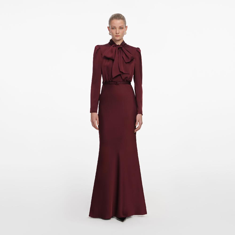 self portrait Burgundy Tie Neck Satin Maxi Dress CLOTHING