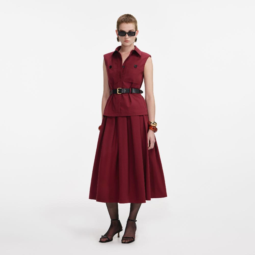Self Portrait Burgundy Twill Belted Midi Dress CLOTHING