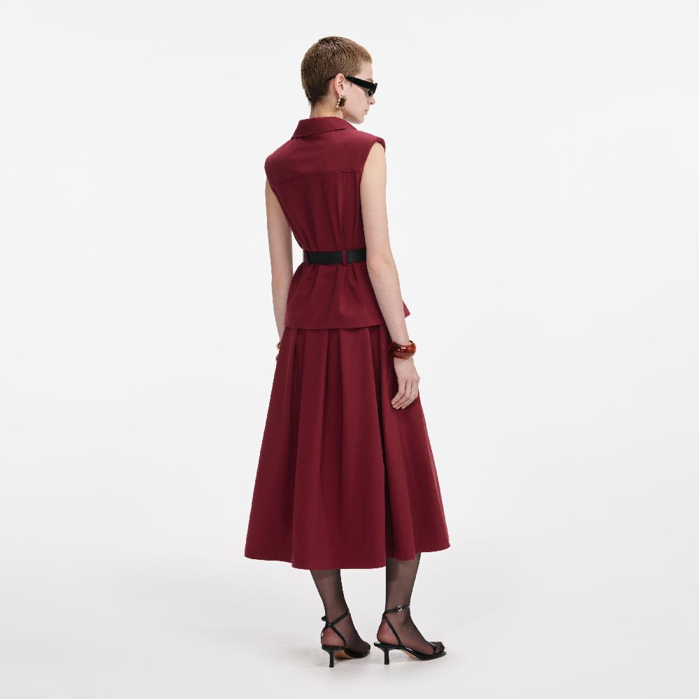 Self Portrait Burgundy Twill Belted Midi Dress CLOTHING