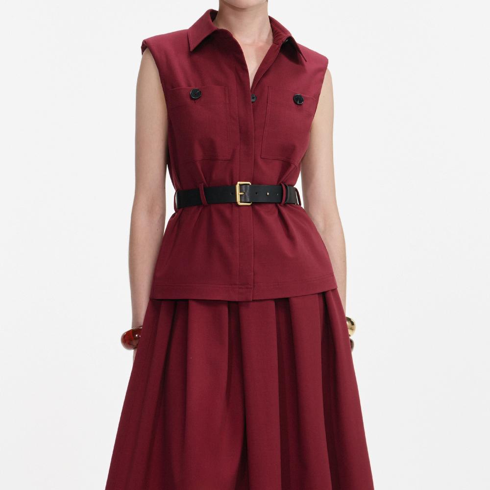 Self Portrait Burgundy Twill Belted Midi Dress CLOTHING