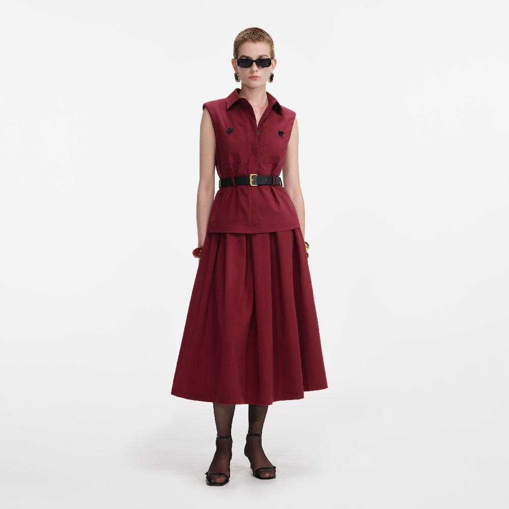 Self Portrait Burgundy Twill Belted Midi Dress CLOTHING