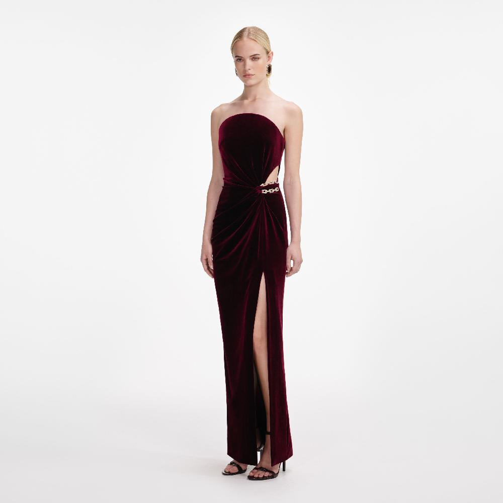 Self Portrait Burgundy Velvet Bandeau Maxi Dress CLOTHING