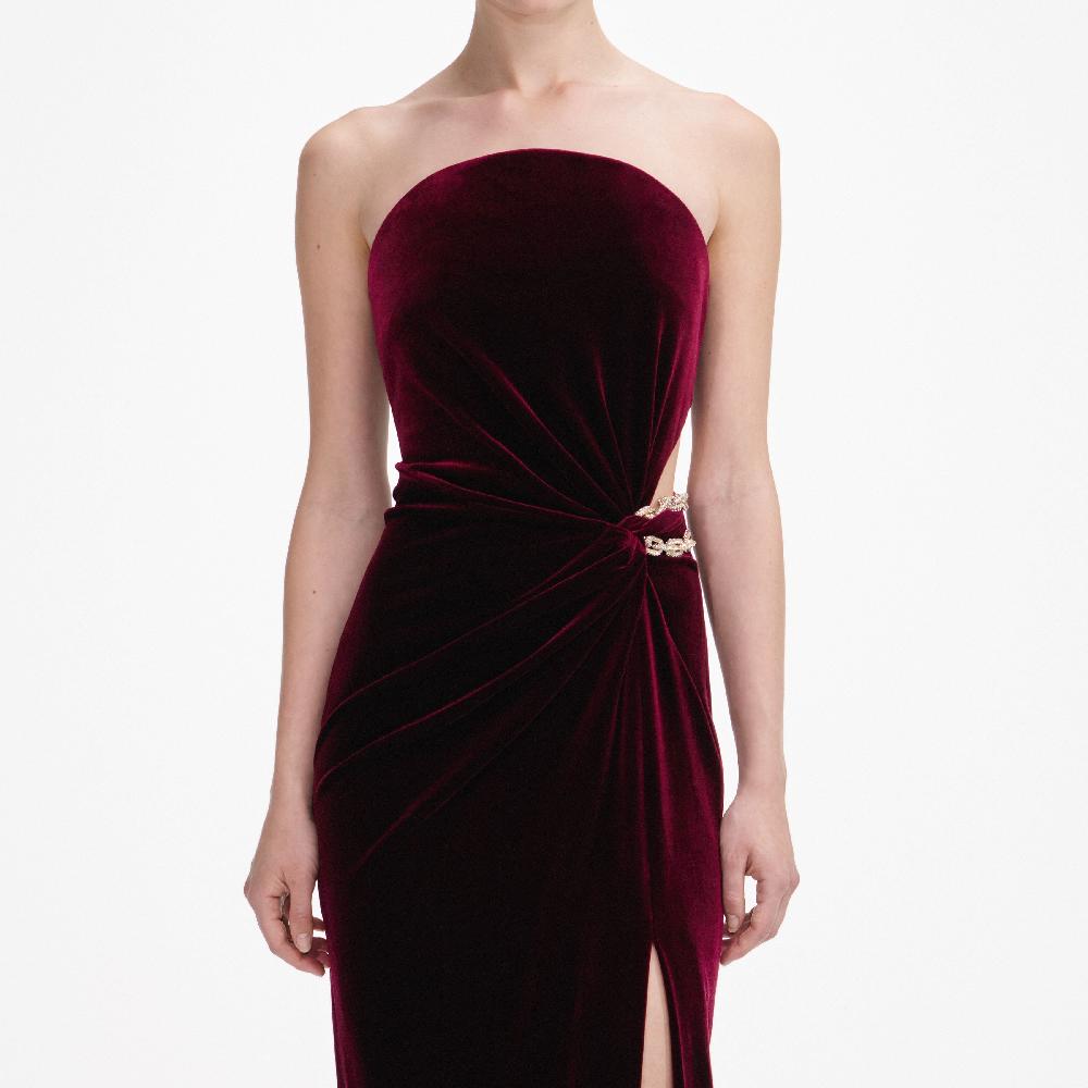 Self Portrait Burgundy Velvet Bandeau Maxi Dress CLOTHING