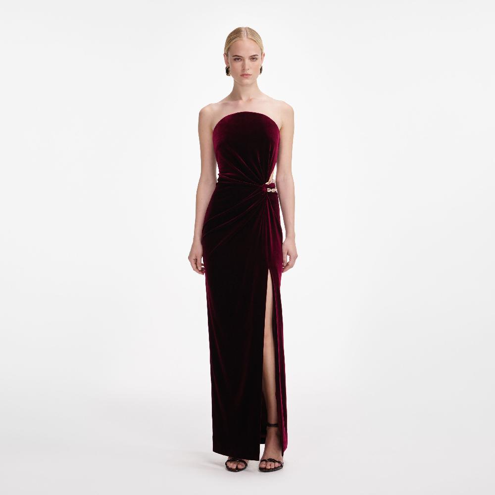 self portrait Burgundy Velvet Bandeau Maxi Dress CLOTHING