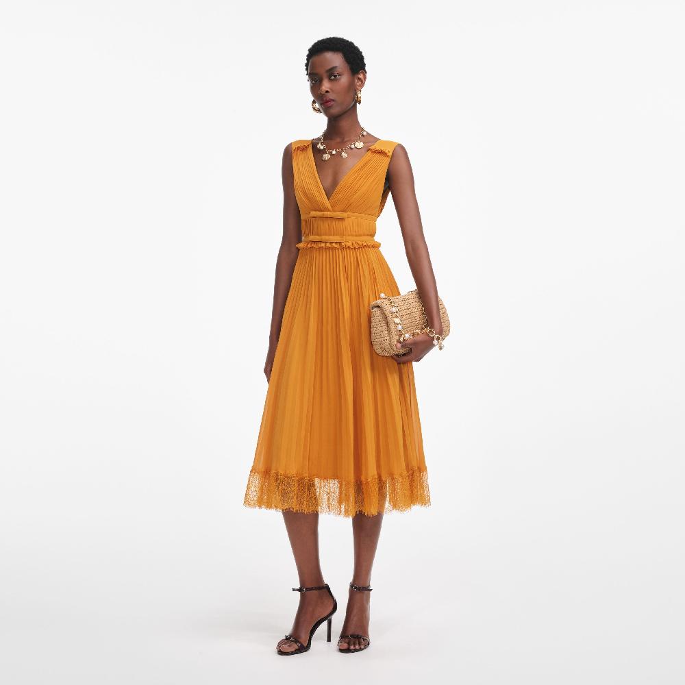 Self Portrait Burnt Orange Chiffon Midi Dress CLOTHING