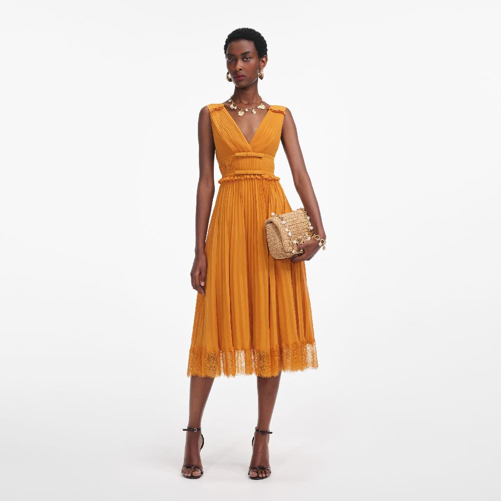 self portrait Burnt Orange Chiffon Midi Dress CLOTHING