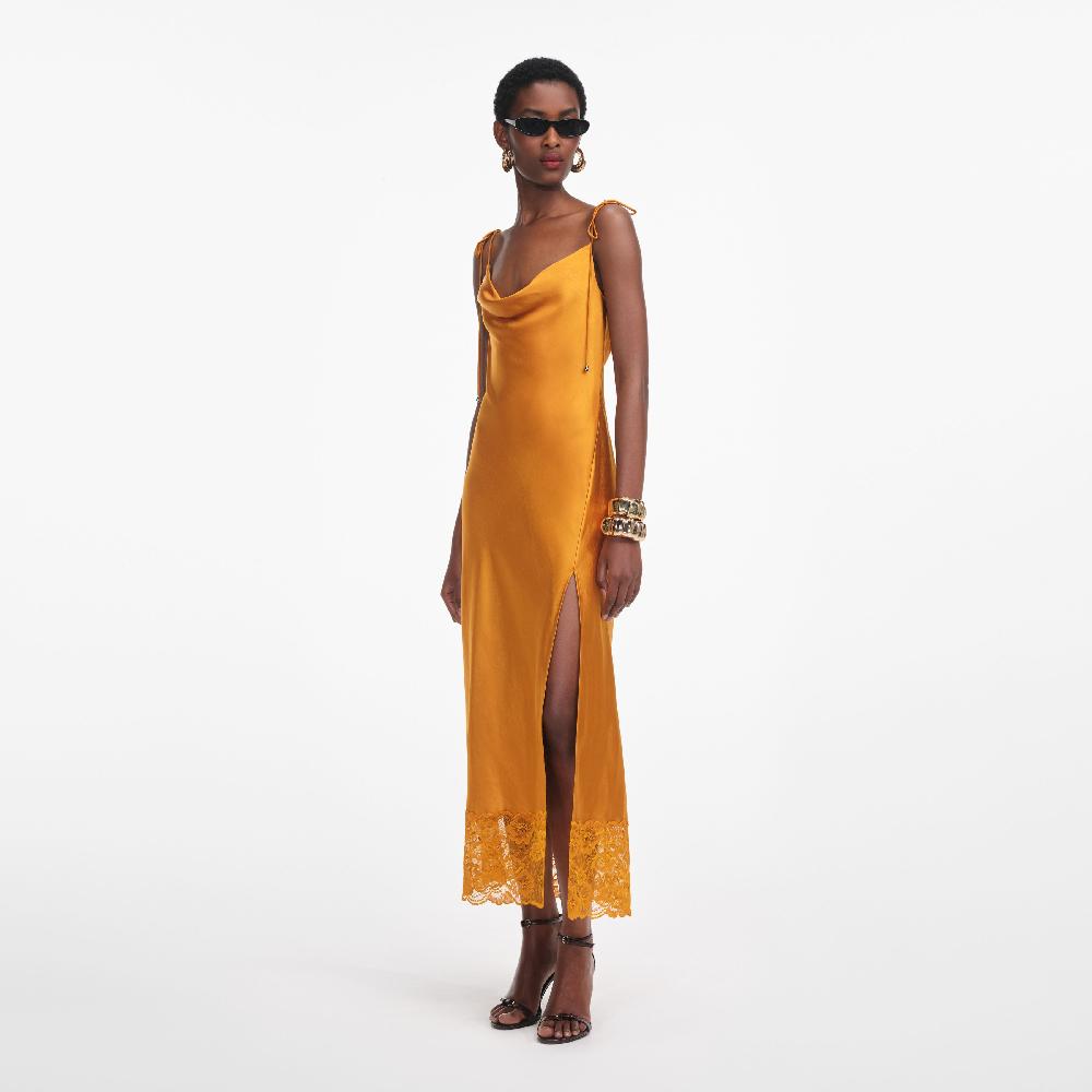 Self Portrait Burnt Orange Satin Midi Dress CLOTHING