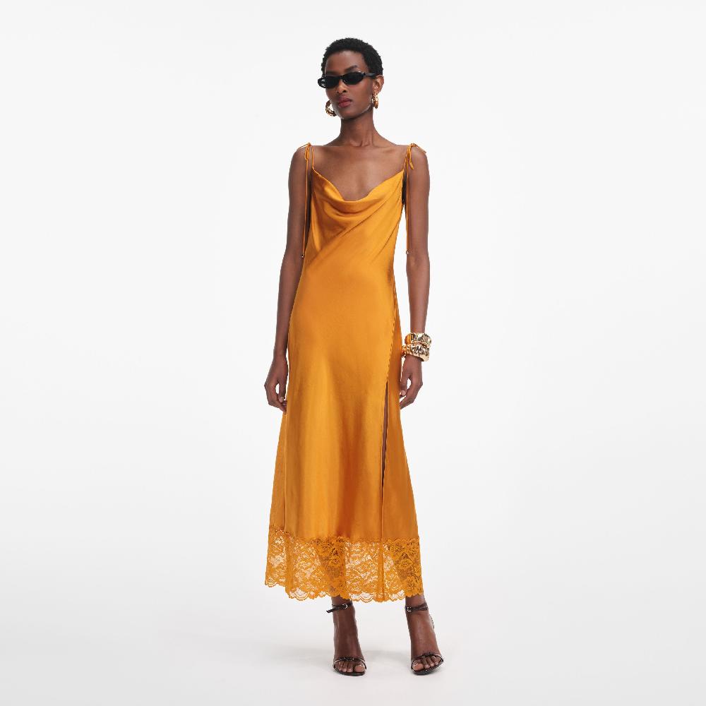 self portrait Burnt Orange Satin Midi Dress CLOTHING