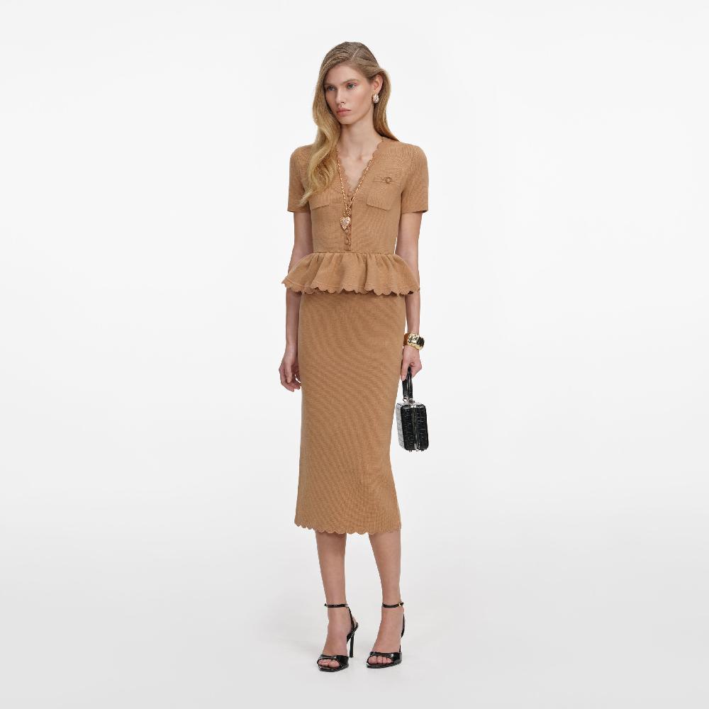 Self Portrait Camel Knit Peplum Midi Dress CLOTHING