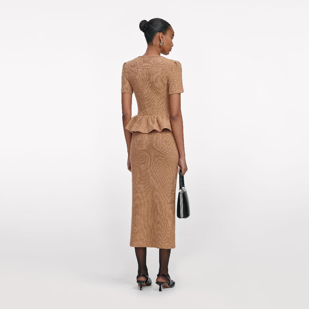 Self Portrait Camel Peplum Knit Midi Dress CLOTHING
