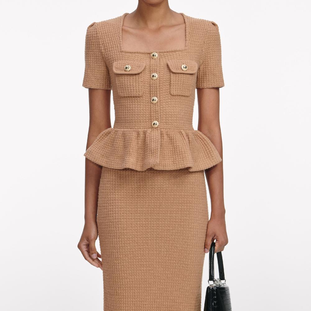 Self Portrait Camel Peplum Knit Midi Dress CLOTHING
