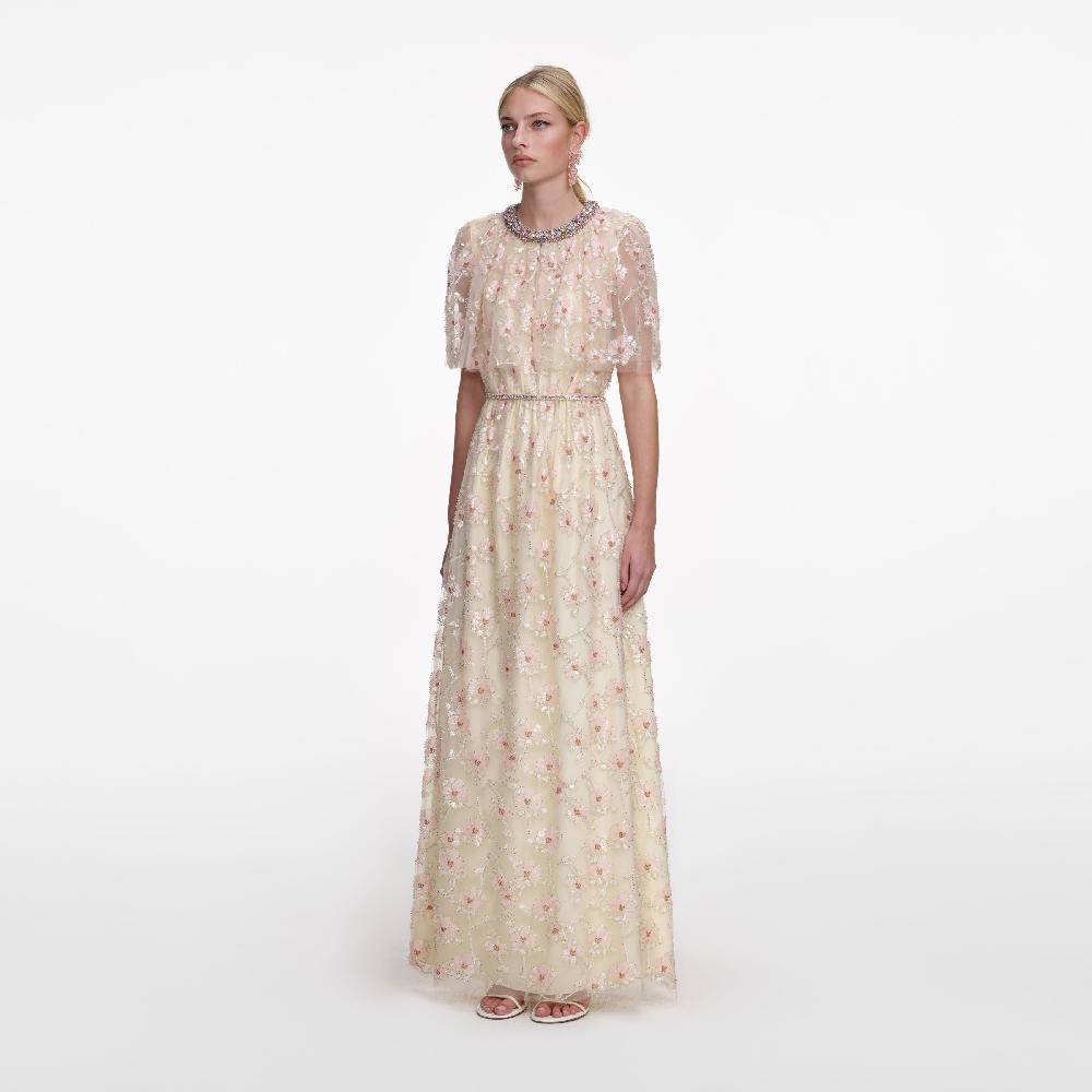 Self Portrait Champagne Floral Embellished Maxi Dress CLOTHING